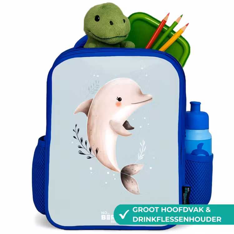 Beige dolfijn in blauw water Kinderrugzak - Blauw middel -inhoud_NL