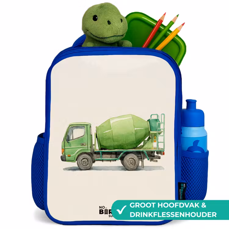 Betonmixer - Getekend - Groen Kinderrugzak - Blauw middel -inhoud_NL