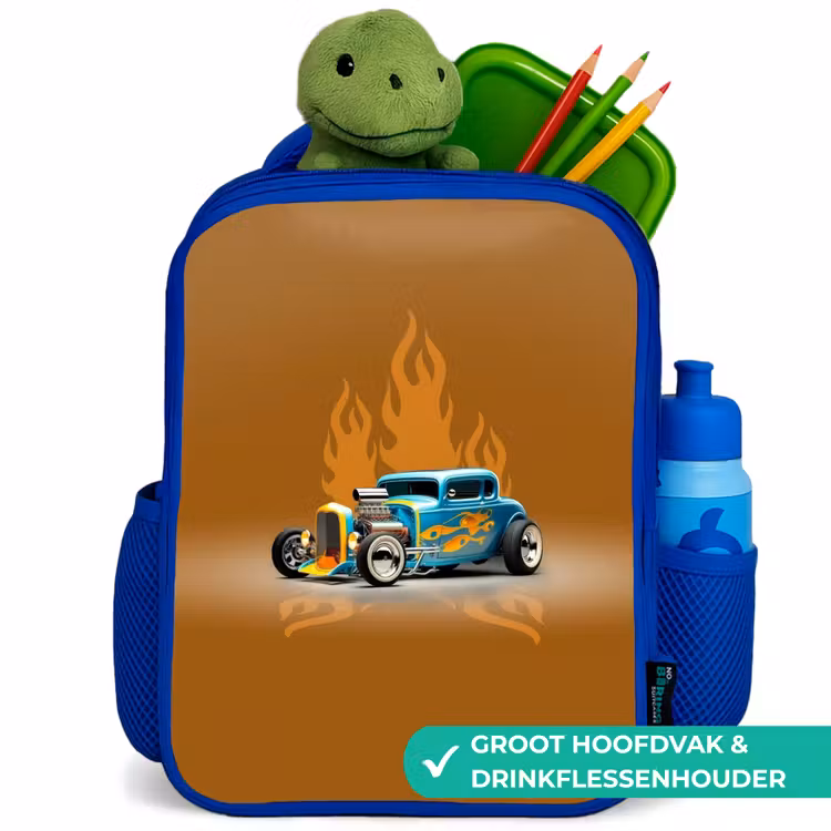 Blauwe auto met gele vlammen Kinderrugzak - Blauw middel -inhoud_NL
