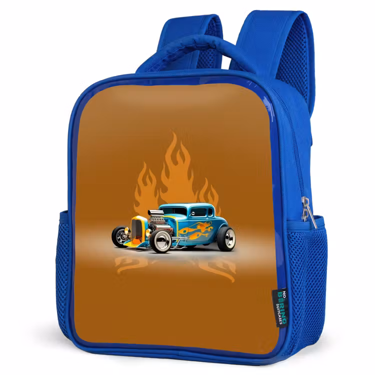 Blauwe auto met gele vlammen Kinderrugzak - Blauw middel -schuin