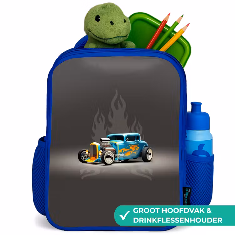 Blauwe auto met grijze vlammen Kinderrugzak - Blauw middel -inhoud_NL