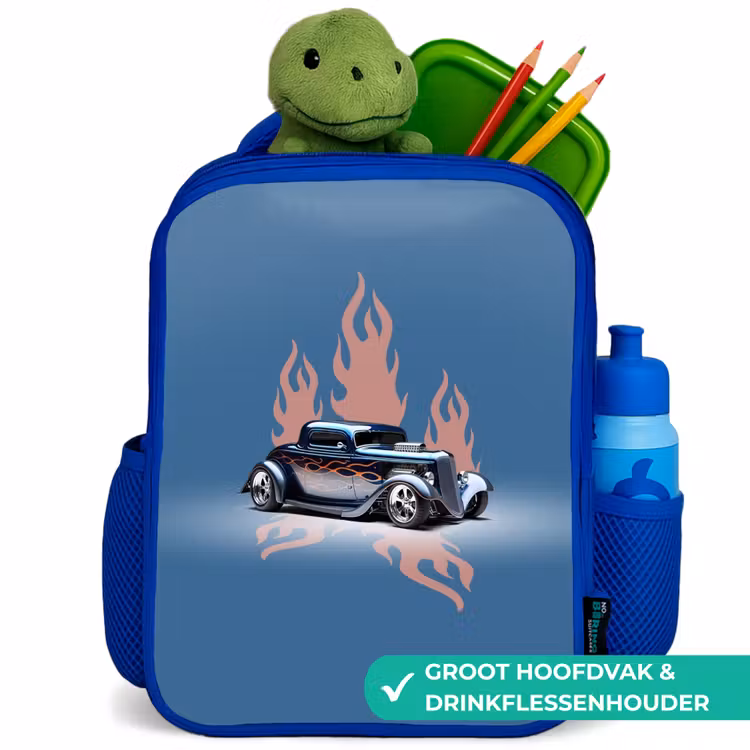 Blauwe auto met roze vlammen Kinderrugzak - Blauw middel -inhoud_NL