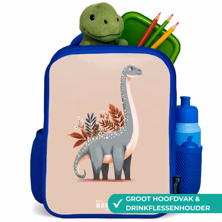 Blauwe dinosaurus op een beige achtergrond Kinderrugzak - Blauw middel -inhoud_NL