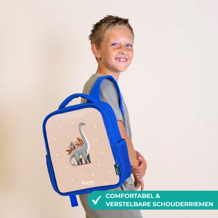 Blauwe dinosaurus op een beige stippenachtergrond Kinderrugzak - Blauw middel -sfeer3_NL