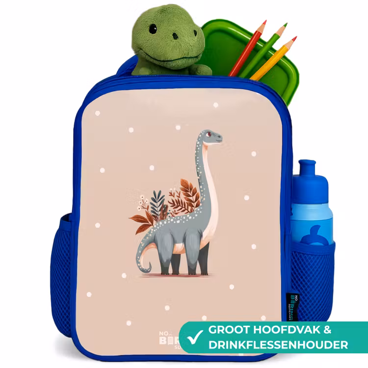 Blauwe dinosaurus op een beige stippenachtergrond Kinderrugzak - Blauw middel -inhoud_NL