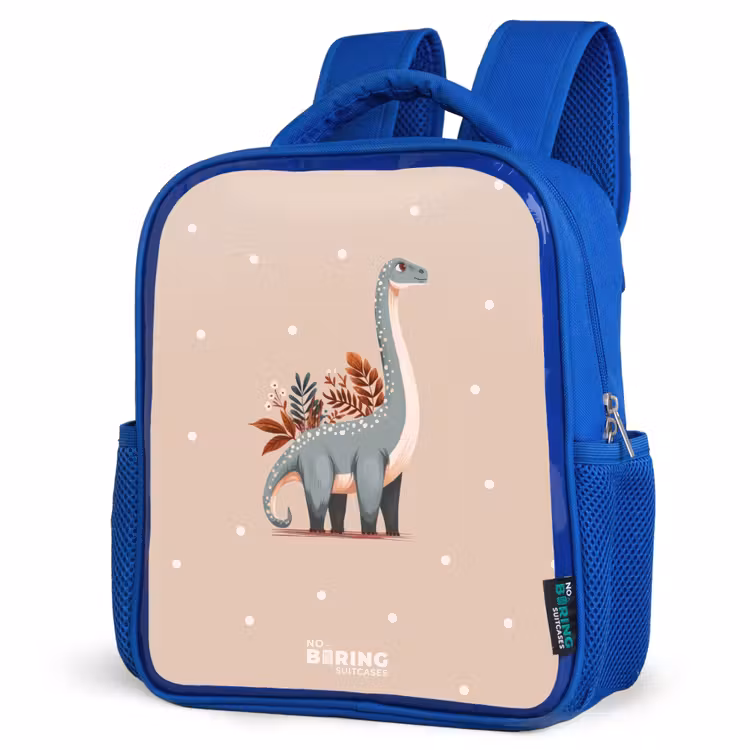 Blauwe dinosaurus op een beige stippenachtergrond Kinderrugzak - Blauw middel -schuin
