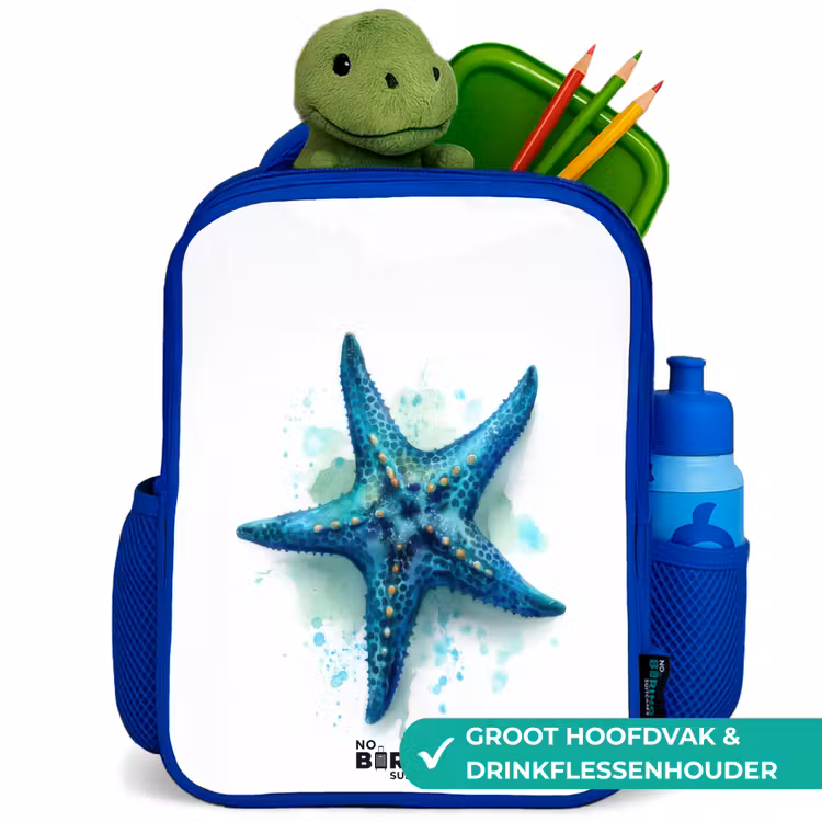 Blauwe Zeester op Witte Achtergrond Kinderrugzak - Blauw middel -inhoud_NL