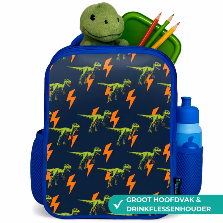 Bliksemschichten - Oranje - Dinosaurussen Kinderrugzak - Blauw middel -inhoud_NL