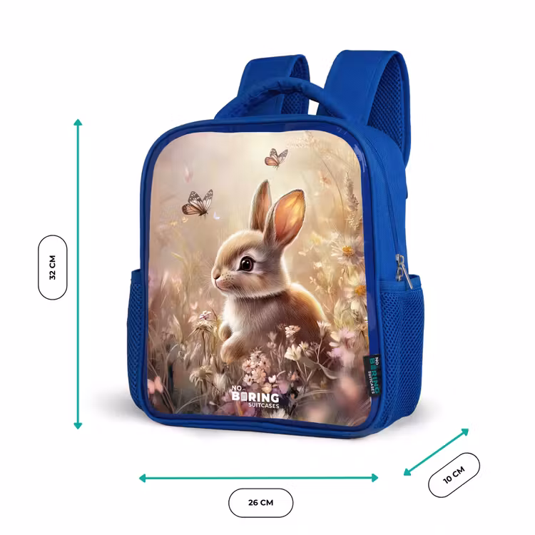 Bloemen - Bruin - Konijntje - Vlinder Kinderrugzak - Blauw middel -productfoto_formaten