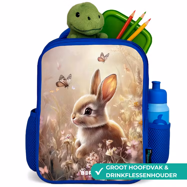 Bloemen - Bruin - Konijntje - Vlinder Kinderrugzak - Blauw middel -inhoud_NL
