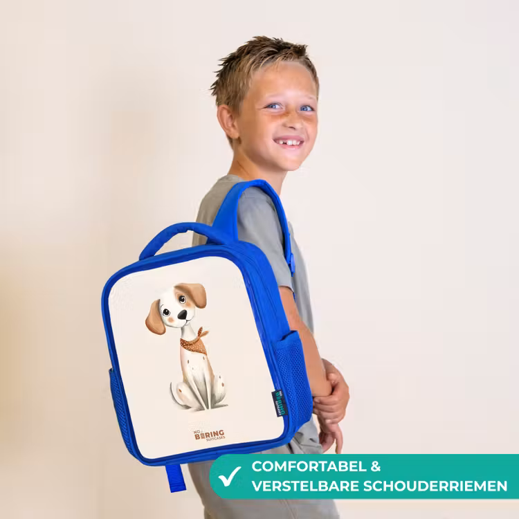 Bruin gevlekte pup op een beige achtergrond Kinderrugzak - Blauw middel -sfeer3_NL