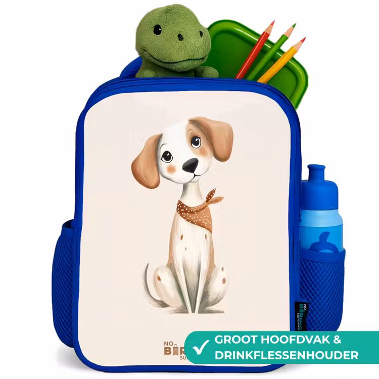 Bruin gevlekte pup op een beige achtergrond Kinderrugzak - Blauw middel -inhoud_NL