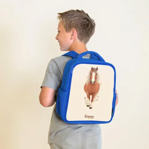 Bruin paard in gallop Kinderrugzak - Blauw middel -sfeer2