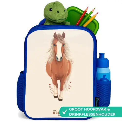 Bruin paard in gallop Kinderrugzak - Blauw middel -inhoud_NL