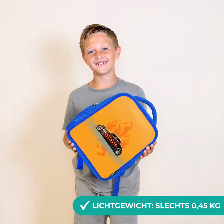 Bruine auto met gele vlammen Kinderrugzak - Blauw middel -sfeer1_NL