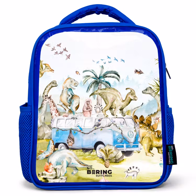 Busje met dino's Kinderrugzak - Blauw middel -3d
