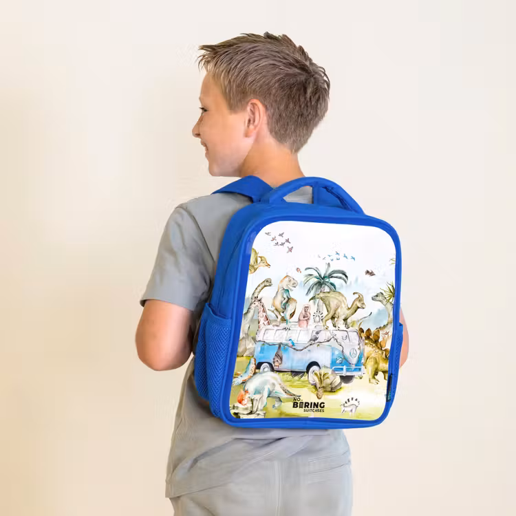 Busje met dino's Kinderrugzak - Blauw middel -sfeer2