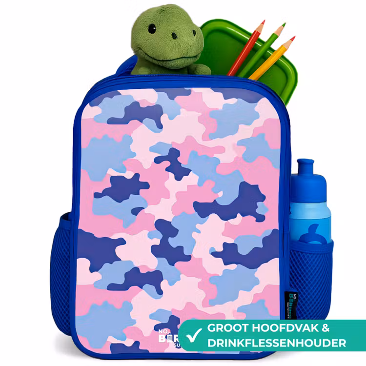 Camouflage - Roze - Blauw Kinderrugzak - Blauw middel -inhoud_NL