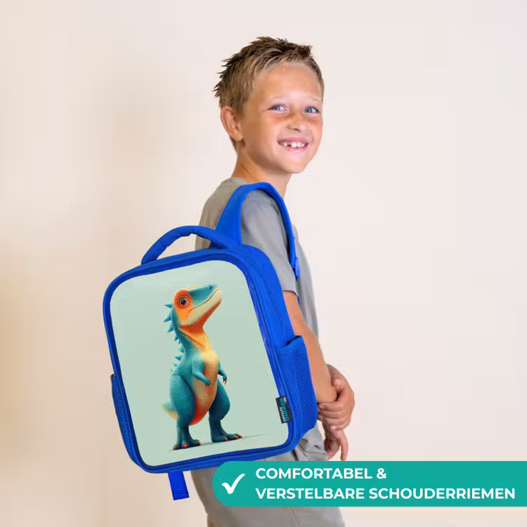 Cartoon - Dino - Oranje - Stekels Kinderrugzak - Blauw middel -sfeer3_NL