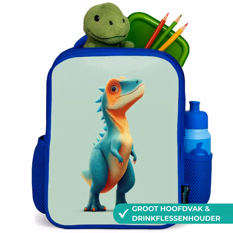 Cartoon - Dino - Oranje - Stekels Kinderrugzak - Blauw middel -inhoud_NL