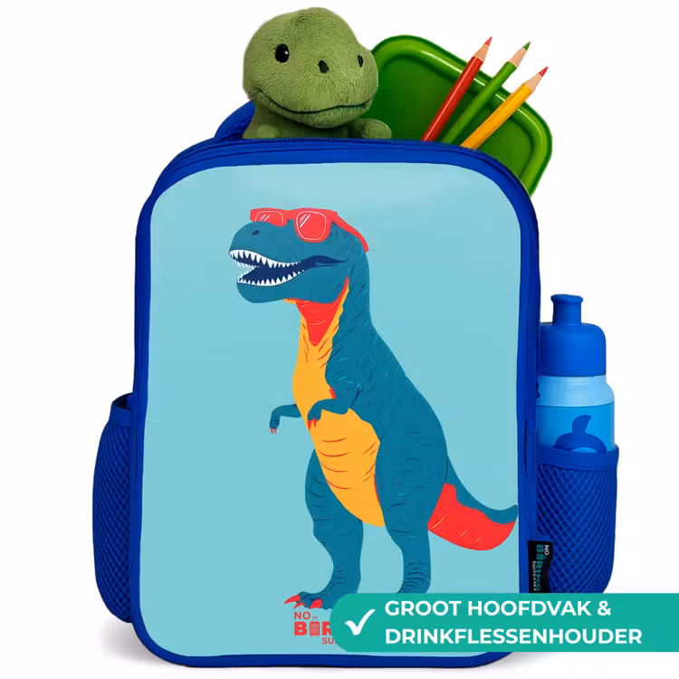 Coole T. rex met zonnebril Kinderrugzak - Blauw middel -inhoud_NL