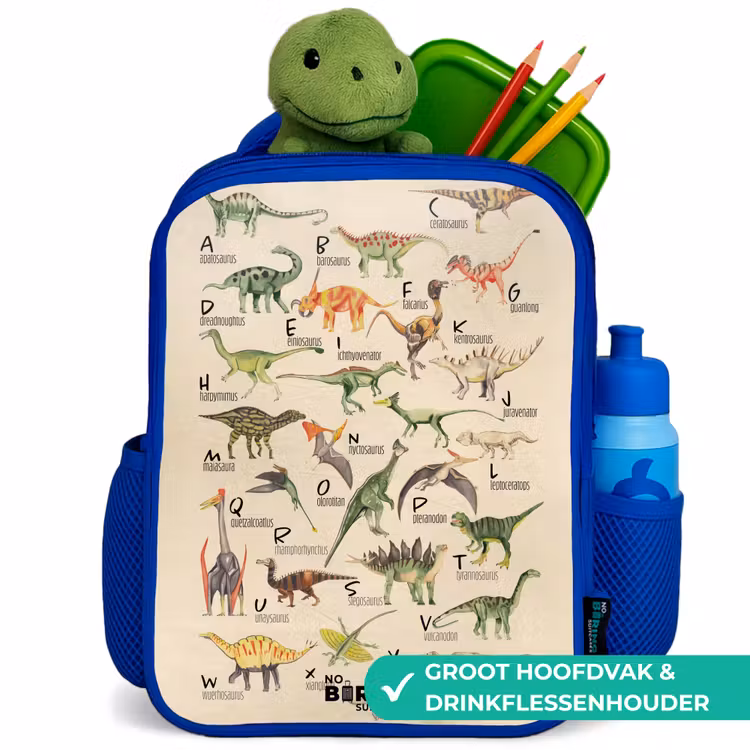 Dino alfabet Kinderrugzak - Blauw middel -inhoud_NL