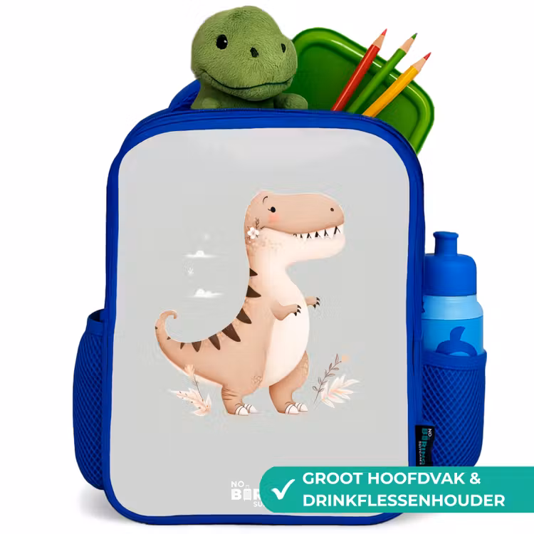 Dino in beige en grijze kleuren Kinderrugzak - Blauw middel -inhoud_NL
