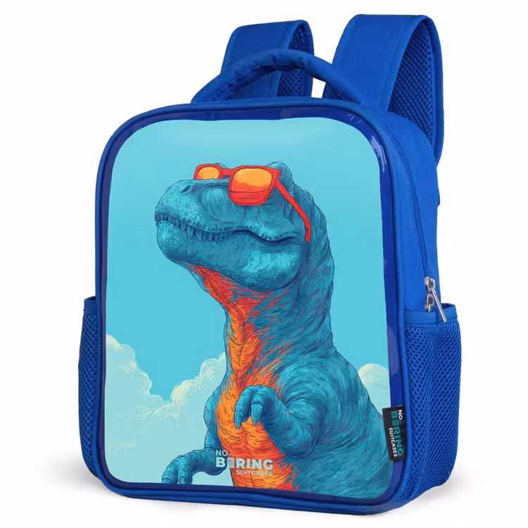 Dino met zonnebril Kinderrugzak - Blauw middel -schuin