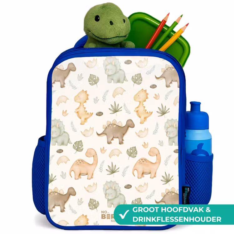 Dino patroon in pastelkleuren Kinderrugzak - Blauw middel -inhoud_NL