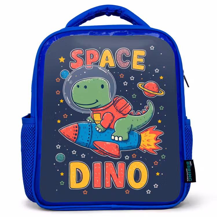 Dino - Raket - Kleurrijk Kinderrugzak - Blauw middel -3d