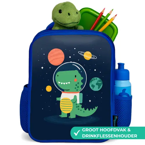Dino - Ruimtepak - Planeten Kinderrugzak - Blauw middel -inhoud_NL