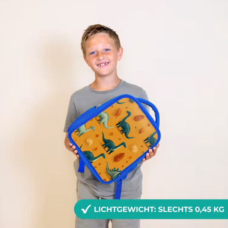 Dinosaurussen - Stekels - Herfstbladeren - Bruin Kinderrugzak - Blauw middel -sfeer1_NL
