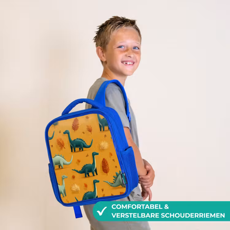 Dinosaurussen - Stekels - Herfstbladeren - Bruin Kinderrugzak - Blauw middel -sfeer3_NL