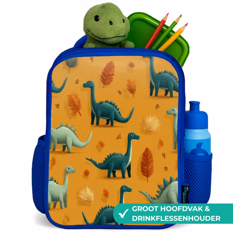 Dinosaurussen - Stekels - Herfstbladeren - Bruin Kinderrugzak - Blauw middel -inhoud_NL