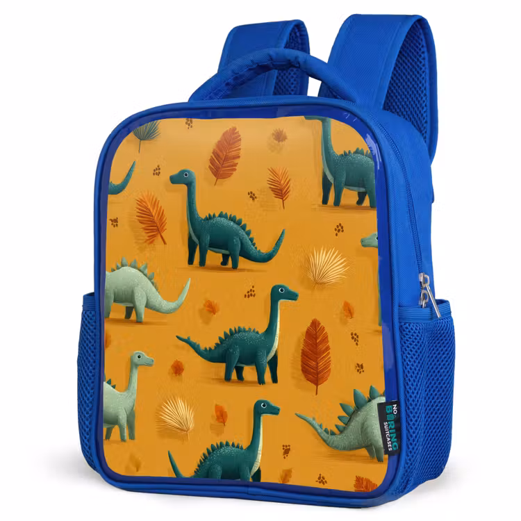 Dinosaurussen - Stekels - Herfstbladeren - Bruin Kinderrugzak - Blauw middel -schuin
