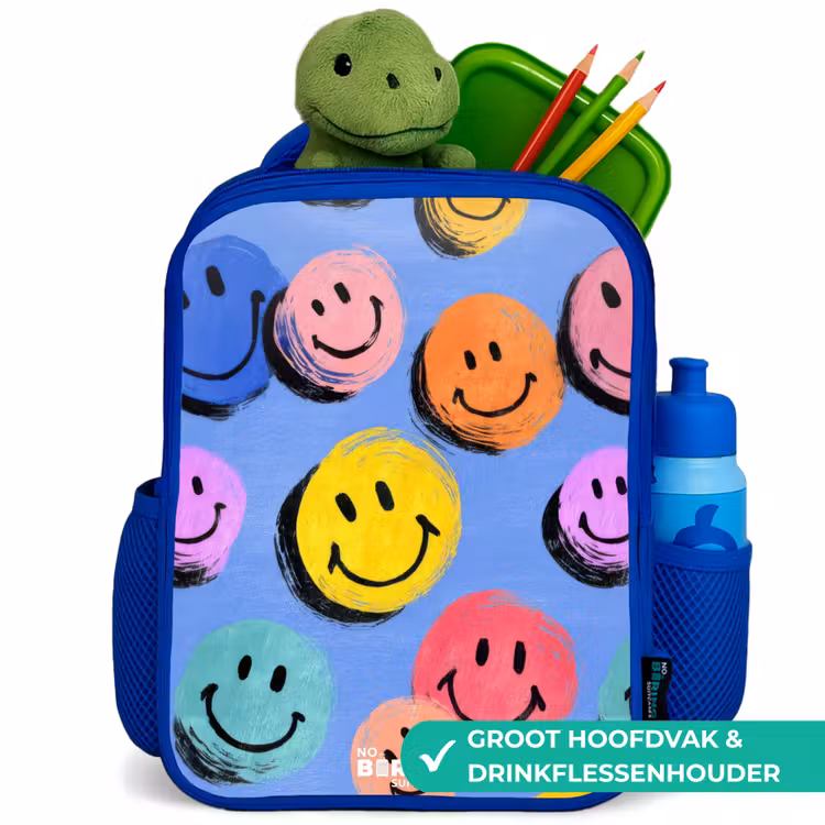 Een speels en kunstzinnig patroon van kleurrijke smileys Kinderrugzak - Blauw middel -inhoud_NL