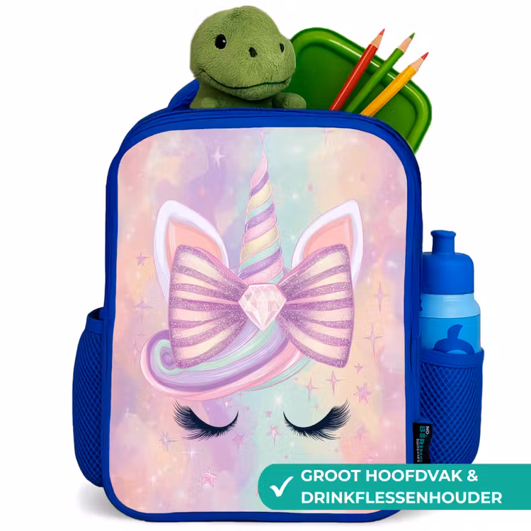 Eenhoorn - Glitters - Regenboog - Pastel Kinderrugzak - Blauw middel -inhoud_NL