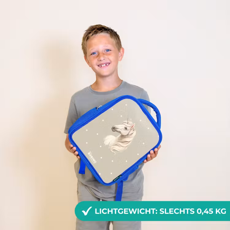 Eenhoorn omringd door stippen in neutrale kleuren Kinderrugzak - Blauw middel -sfeer1_NL