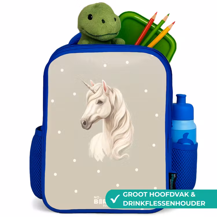 Eenhoorn omringd door stippen in neutrale kleuren Kinderrugzak - Blauw middel -inhoud_NL