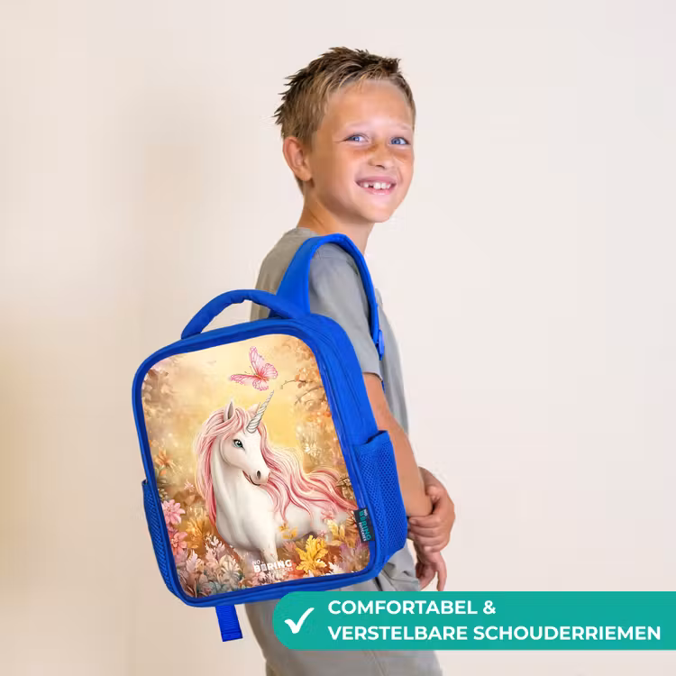 Eenhoorn - Vlinder - Roze - Manen Kinderrugzak - Blauw middel -sfeer3_NL
