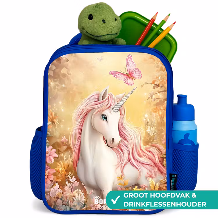 Eenhoorn - Vlinder - Roze - Manen Kinderrugzak - Blauw middel -inhoud_NL