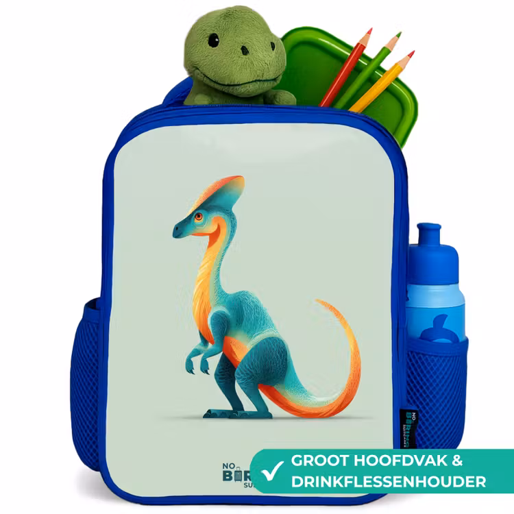 Elegante dino met kam Kinderrugzak - Blauw middel -inhoud_NL