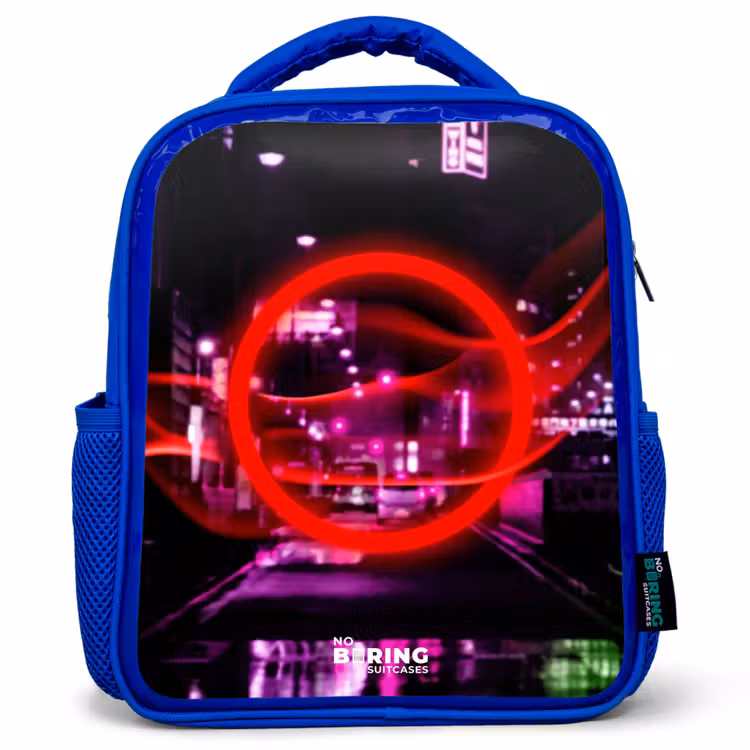 Felrode cirkel boven een neonverlichte stad Kinderrugzak - Blauw middel -3d