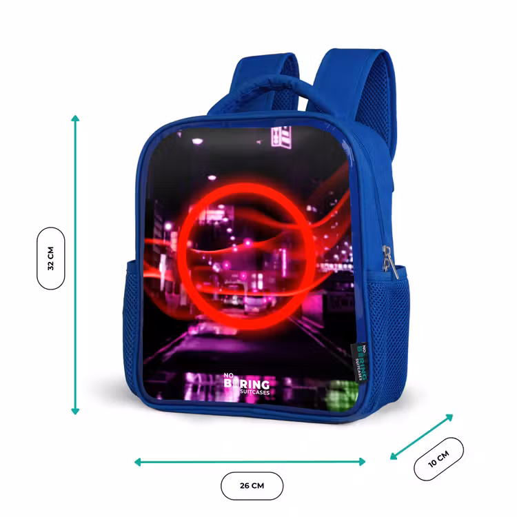 Felrode cirkel boven een neonverlichte stad Kinderrugzak - Blauw middel -productfoto_formaten