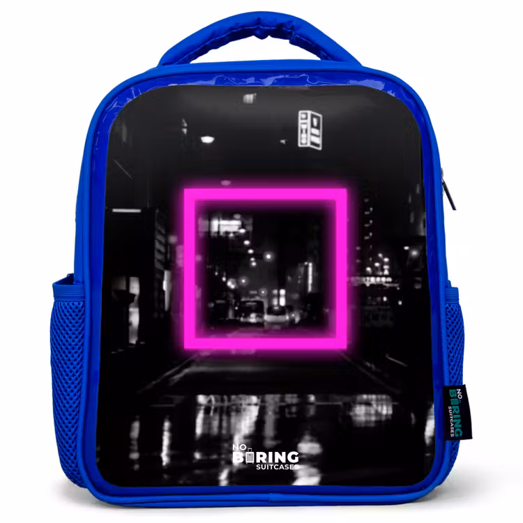 Felroze vierkant met verlichte achtergrond Kinderrugzak - Blauw middel -3d