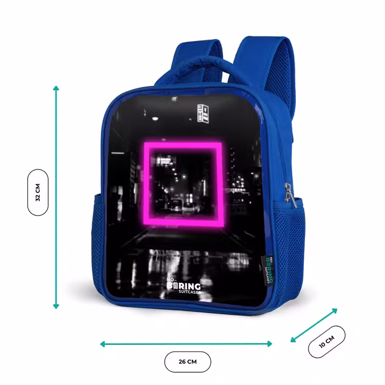 Felroze vierkant met verlichte achtergrond Kinderrugzak - Blauw middel -productfoto_formaten