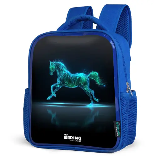 Futuristisch galopperend paard Kinderrugzak - Blauw middel -schuin