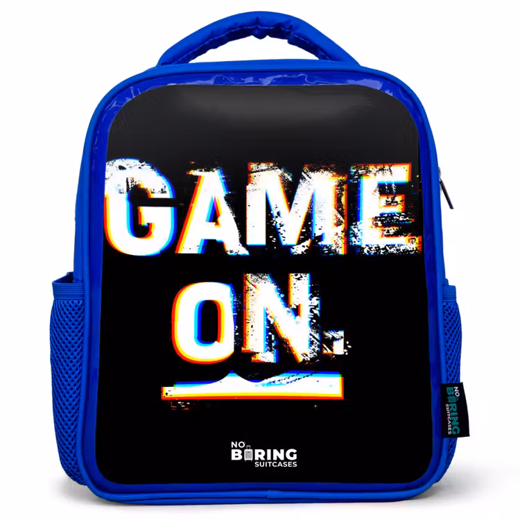 Game on in zwart wit Kinderrugzak - Blauw middel -3d