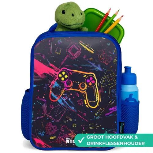 Gamerwereld in neonstijl Kinderrugzak - Blauw middel -inhoud_NL