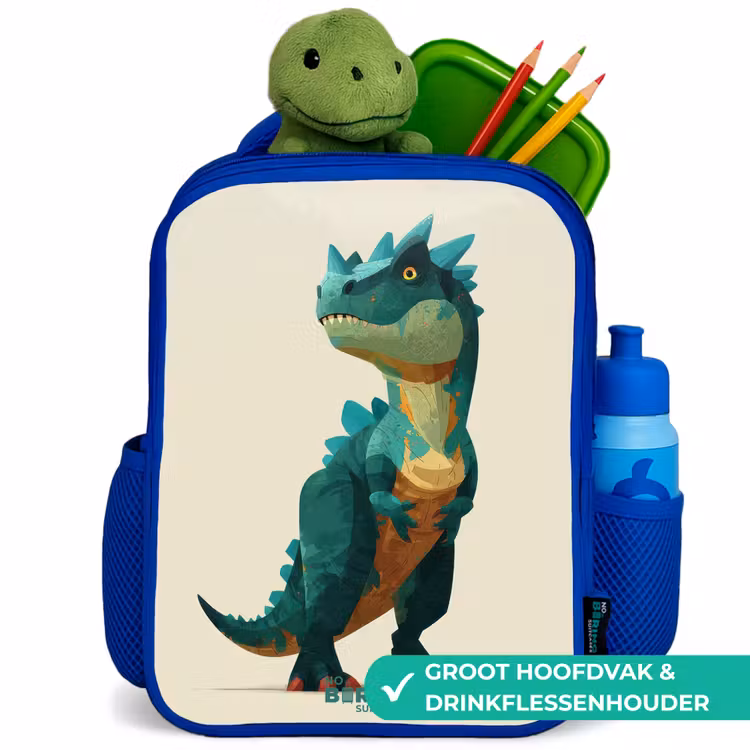 Gehoornde dino met scherpe blik Kinderrugzak - Blauw middel -inhoud_NL